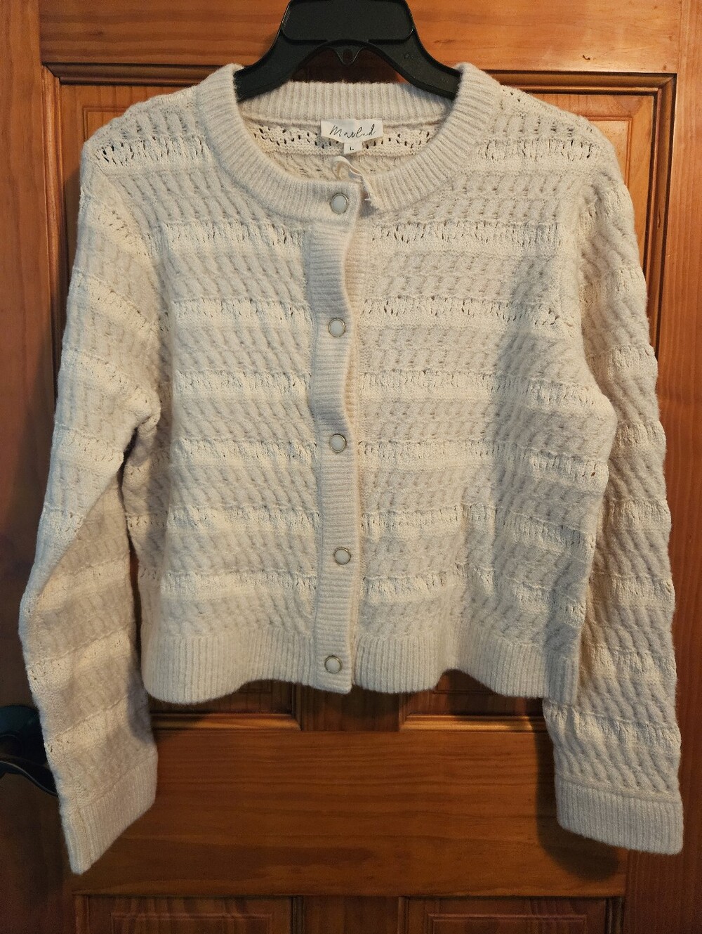 Marled Cardigan Cream Colored Open Stitch Button Front Size Large NWT